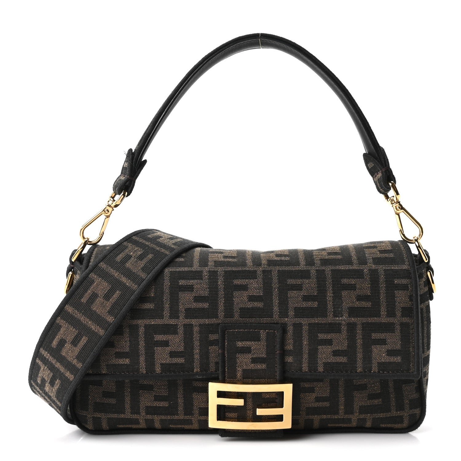 Fendi Fabric Jacquard FF 1974 Medium Baguette Tobacco Moro Black