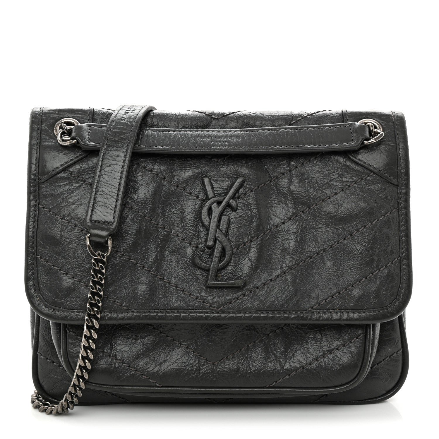 Saint Laurent Crinkled Calfskin Matelasse Monogram Baby Niki Chain Satchel Storm