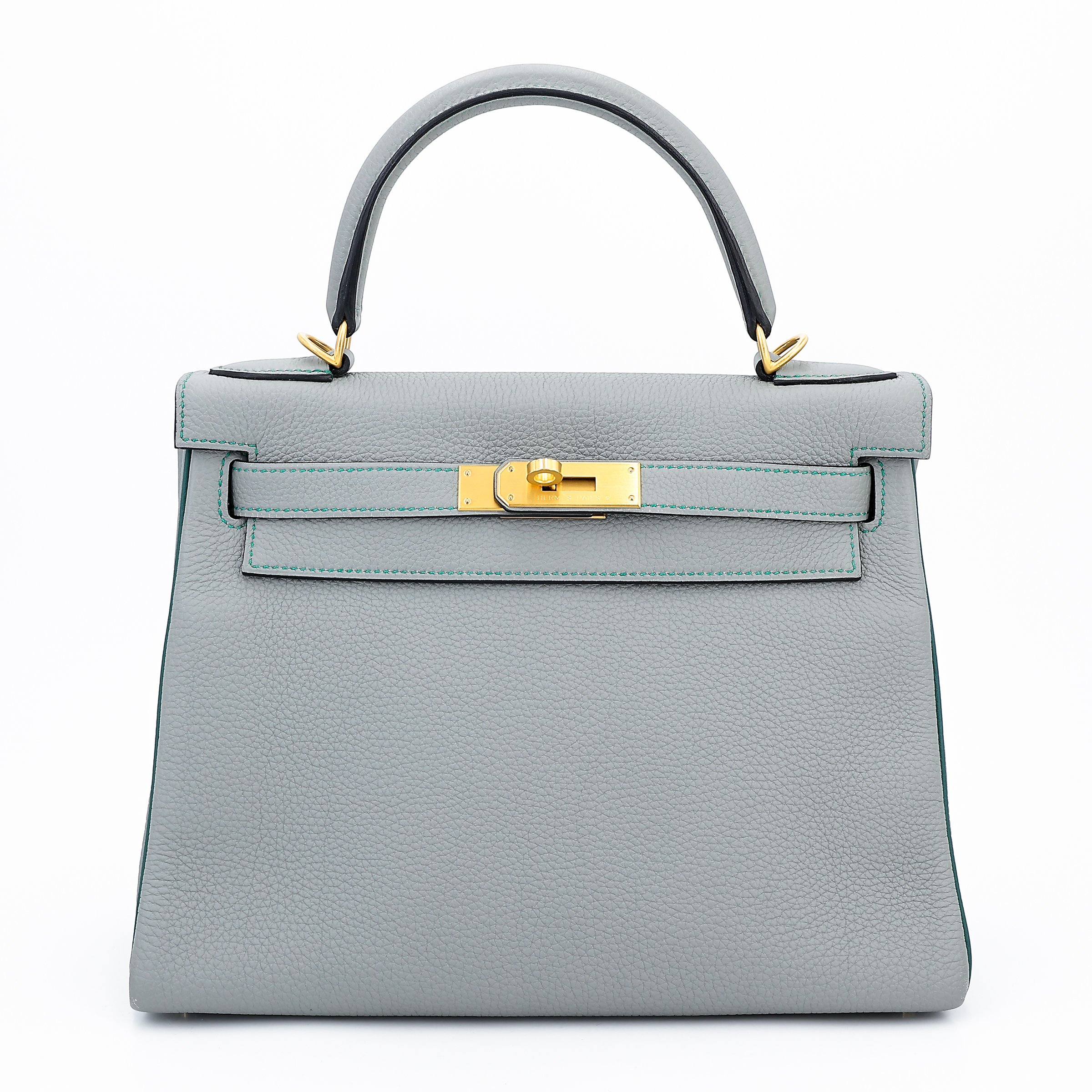 Hermes Very Good ( Rank A) HERMÈS Special Order Kelly 28 HSS Gris Mouette (4Z) Bleu Paon (7F) Togo Brushed Gold hardware A (2017)