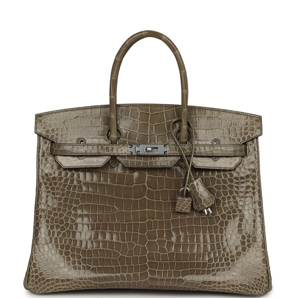 Hermes Birkin 35 Gris Tourterelle Shiny Porosus Crocodile Palladium Hardware
