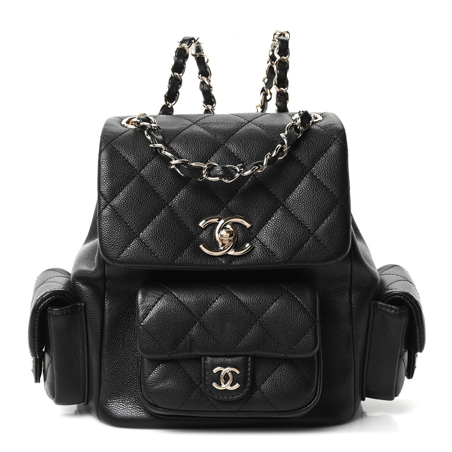 Chanel Shiny Caviar Quilted Small Pockets Drawstring Backpack Black