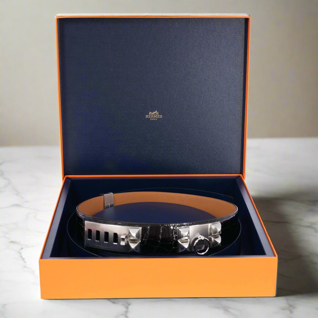 Hermes Hermès Collier de Chien Belt Faubourg en Fête Porosus Crocodile Size 80 Palladium Hardware