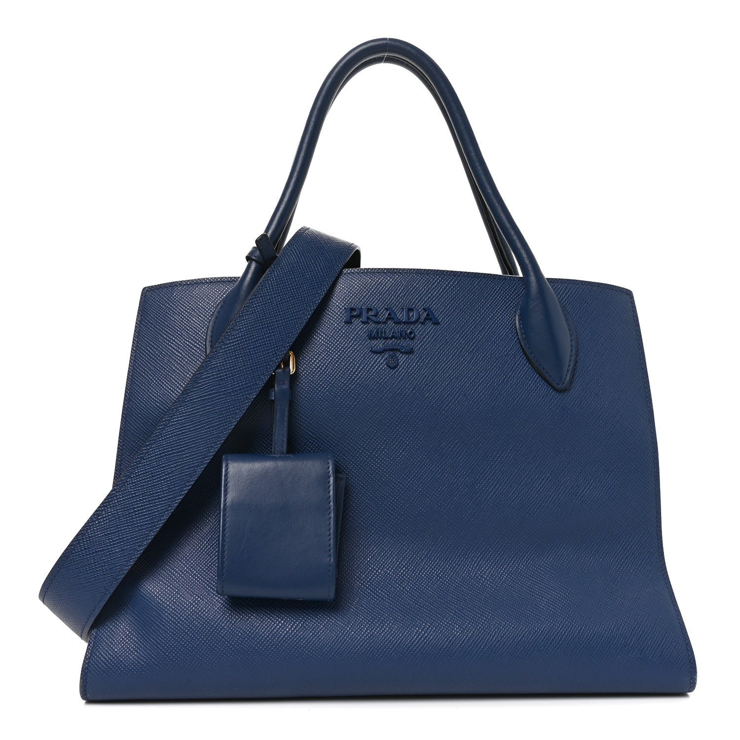 Prada Saffiano Cuir Calfskin Medium Monochrome Top Handle Tote Bluette