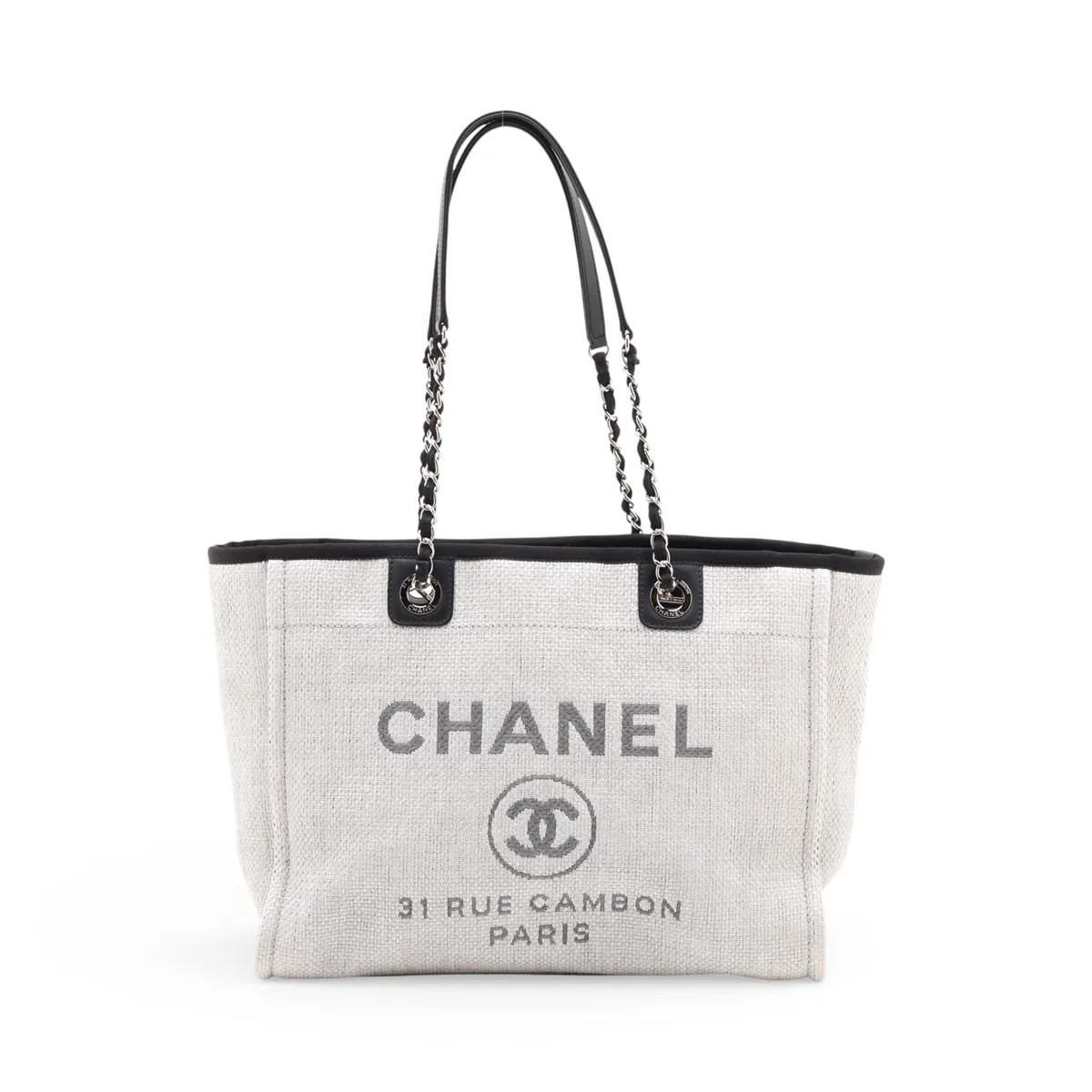 Chanel Deauville MM Straw & leather Chain Tote Bag gray x black Silver Metal Fit