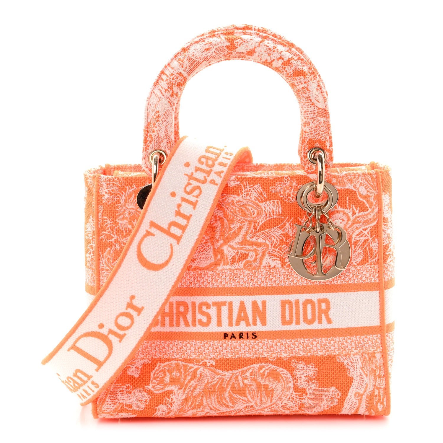 Christian Dior Canvas Toile De Jouy Reverse Embroidered Medium Lady D-Lite Fluorescent Orange
