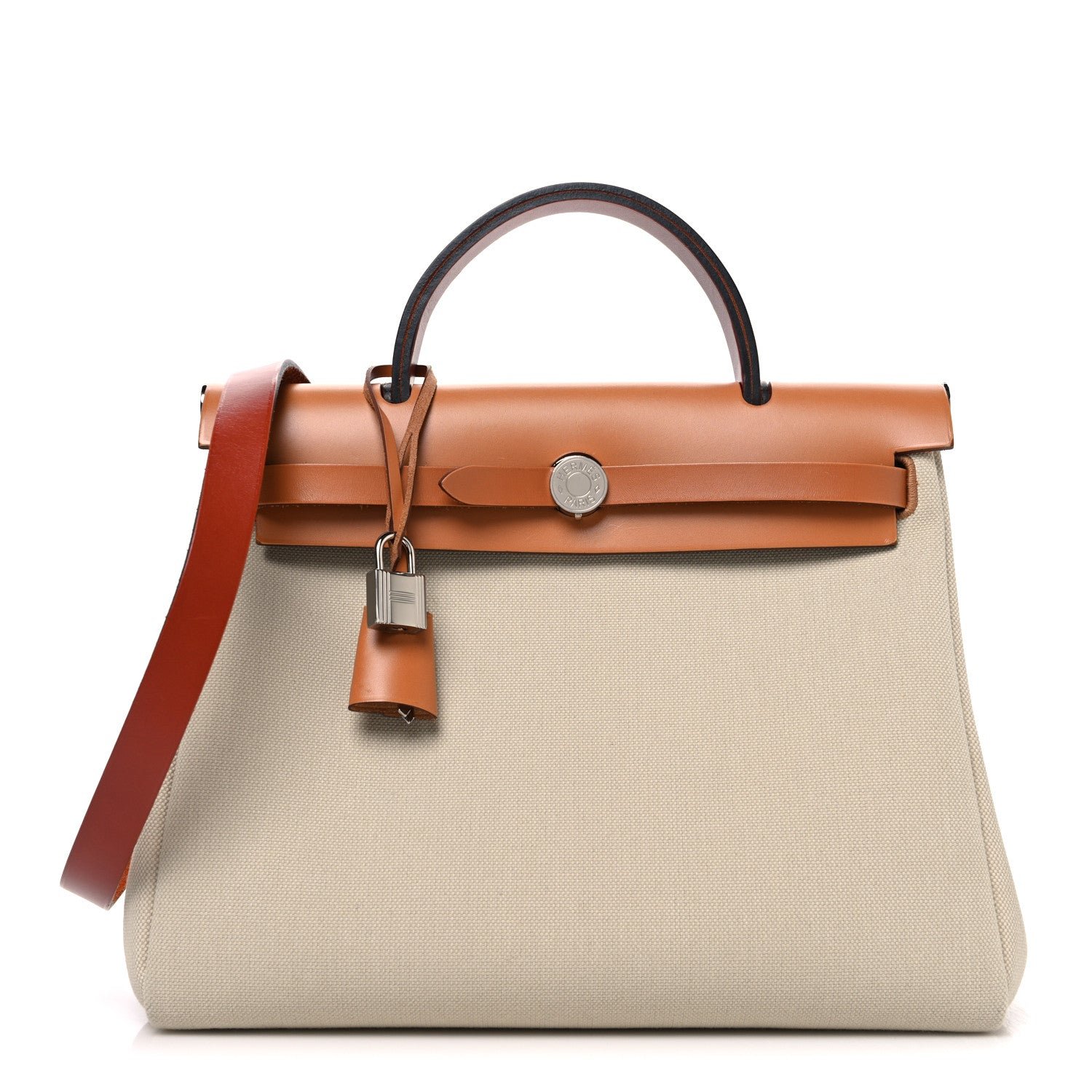Hermes Military Toile Vache Hunter Herbag Zip Retourne 31 PM Beton Naturel Fauve Cuivre