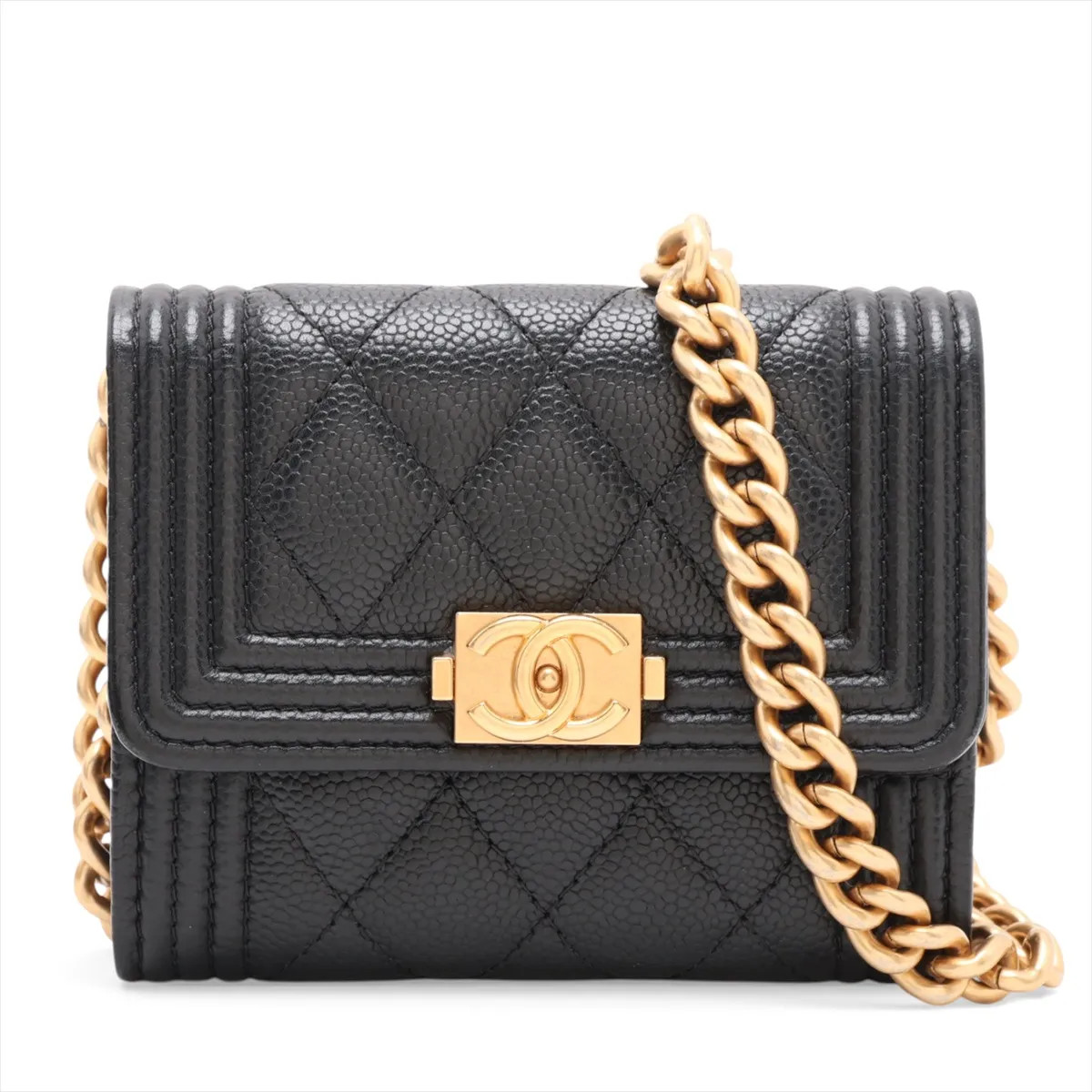 Chanel Boy Chanel Caviar Skin Chain Wallet Coin purse Black Gold Metal Fittings