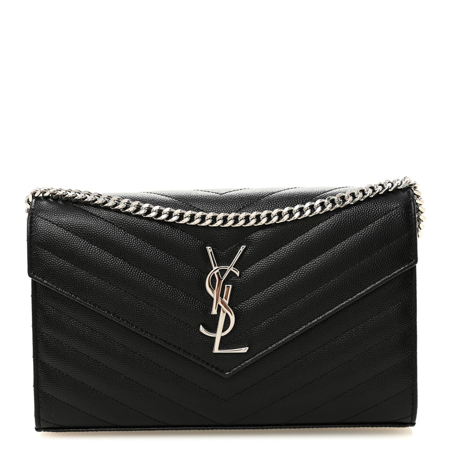 Saint Laurent Grain De Poudre Matelasse Chevron Monogram Chain Wallet Black