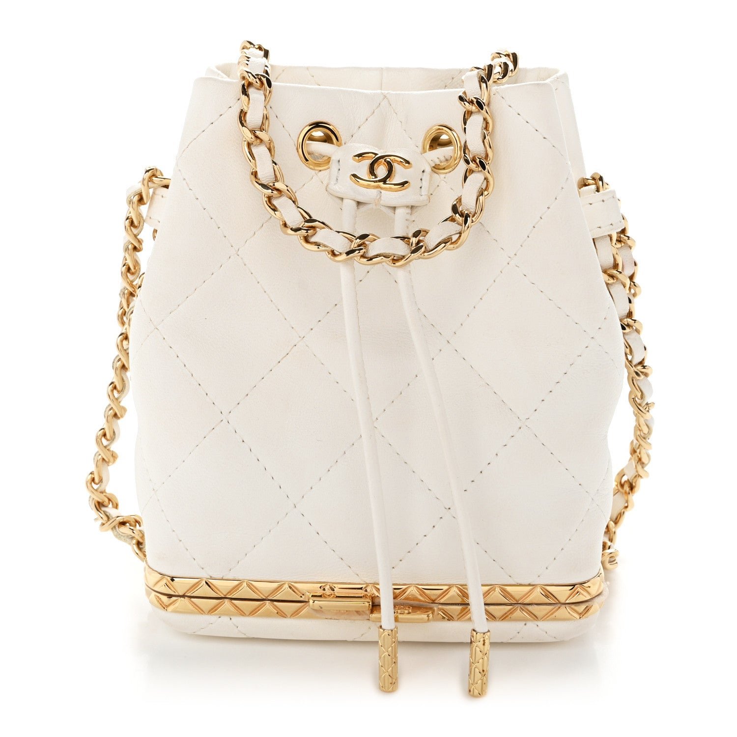 Chanel Metal Lambskin Quilted Small Chain Bucket Bag White