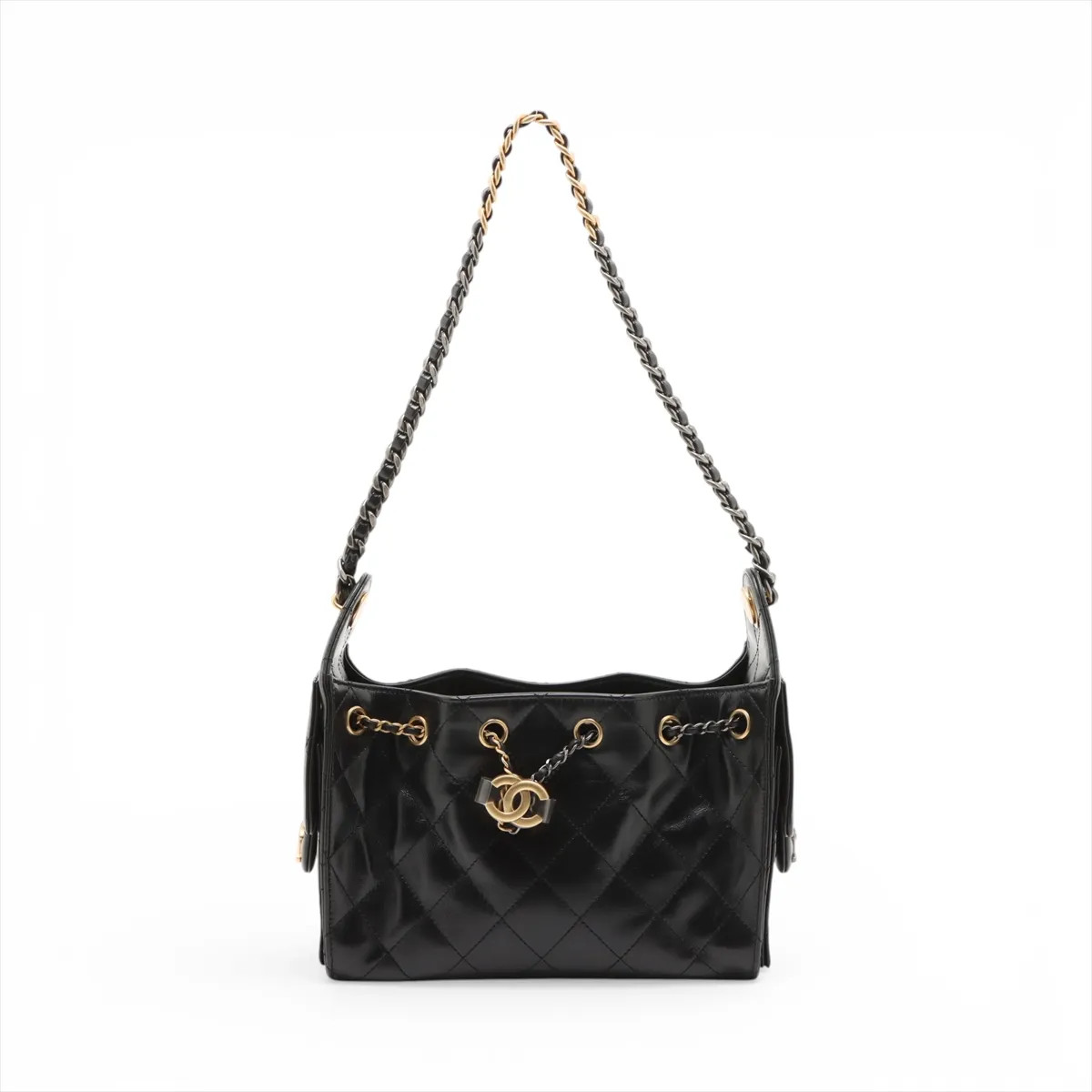 Chanel Chanel 25 Mini shiny calfskin Chain Shoulder Bag Black Gold x Silver Meta
