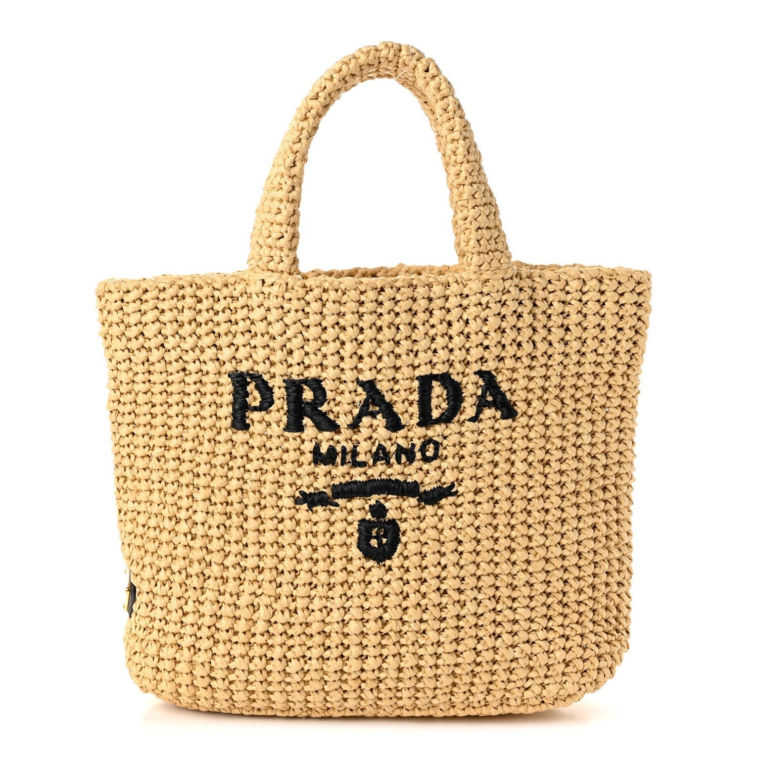 Prada Yarn Raffia Effect Crochet Embroidered Small Logo Tote Naturale