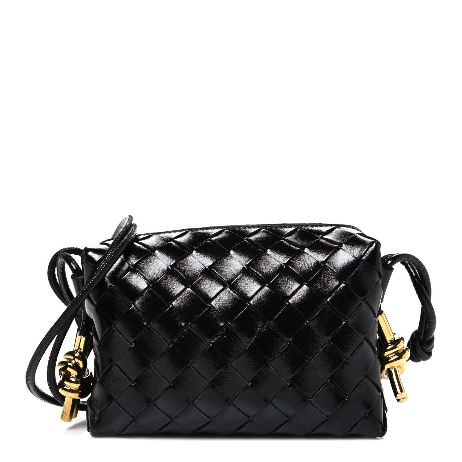 Bottega Veneta Polished Nappa Intrecciato Metallic Knot Mini Loop Camera Bag Black
