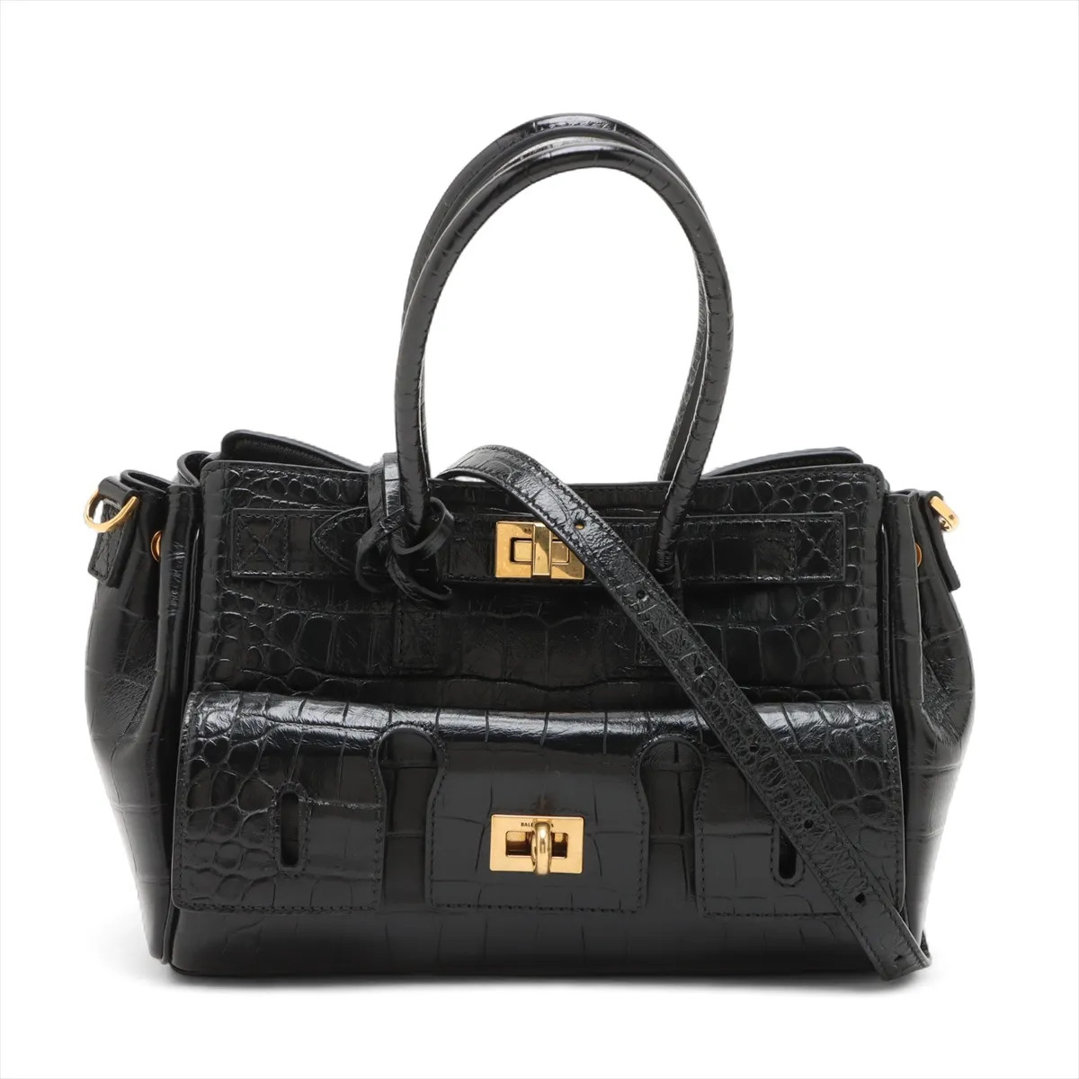 Balenciaga Bel Air Mock Croc 2 Way Handbag Black 835732