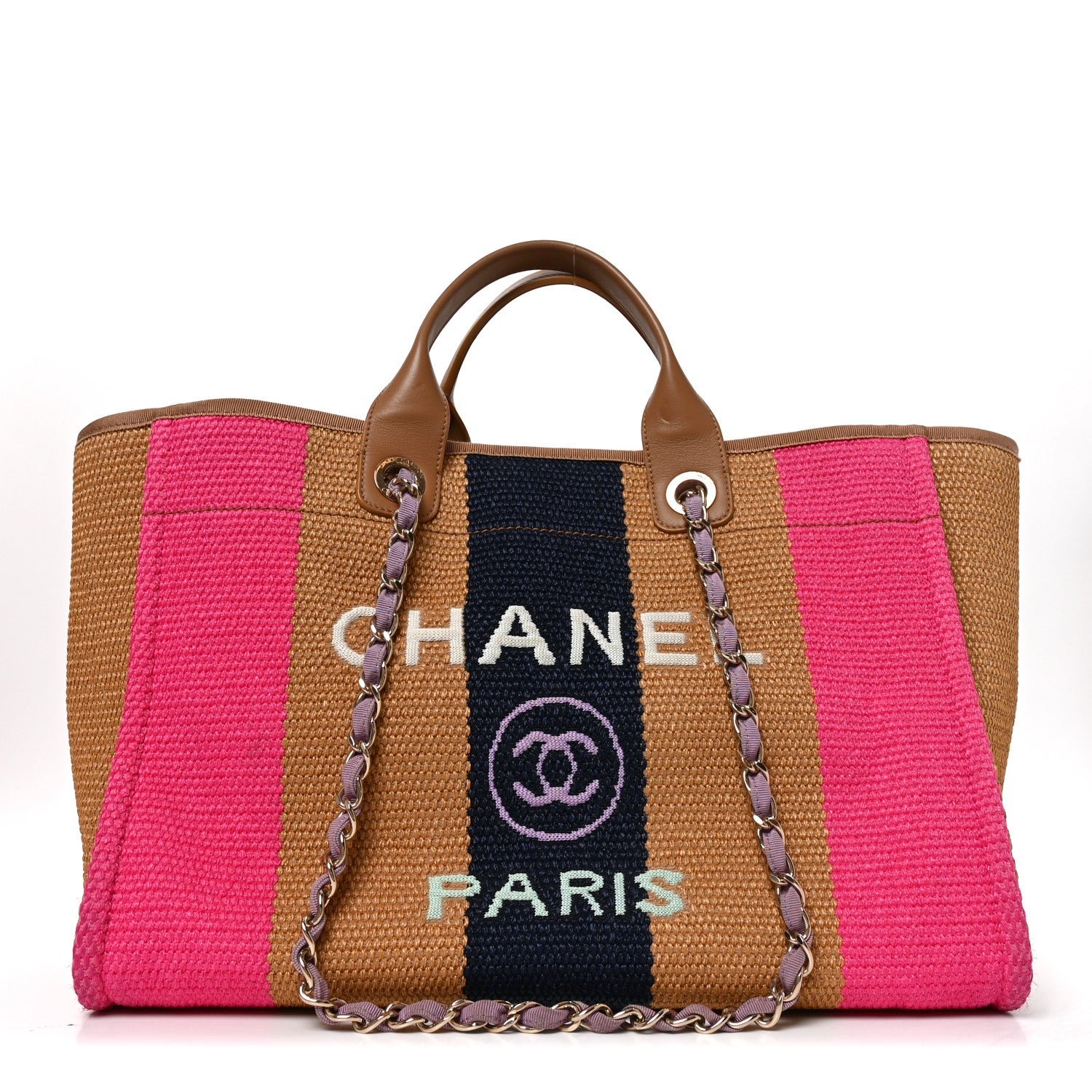 Chanel Straw Raffia Calfskin Striped Medium Deauville Tote Dark Beige Fuchsia Navy Blue