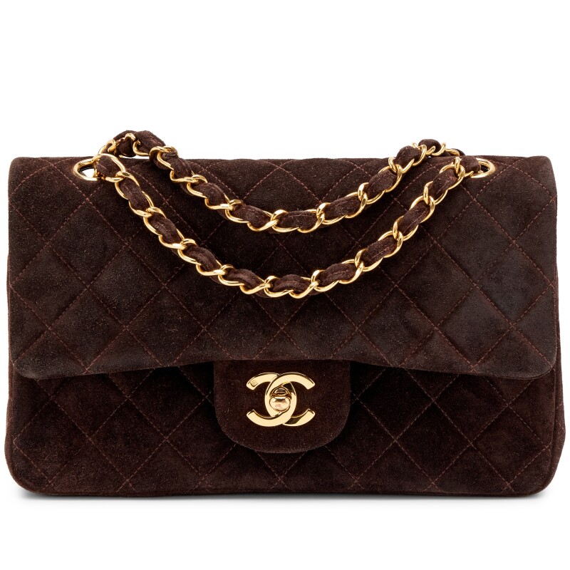 Vintage Chocolate Brown Quilted Suede Small Classic Double Flap Bag Gold Hardware, 1994-1996