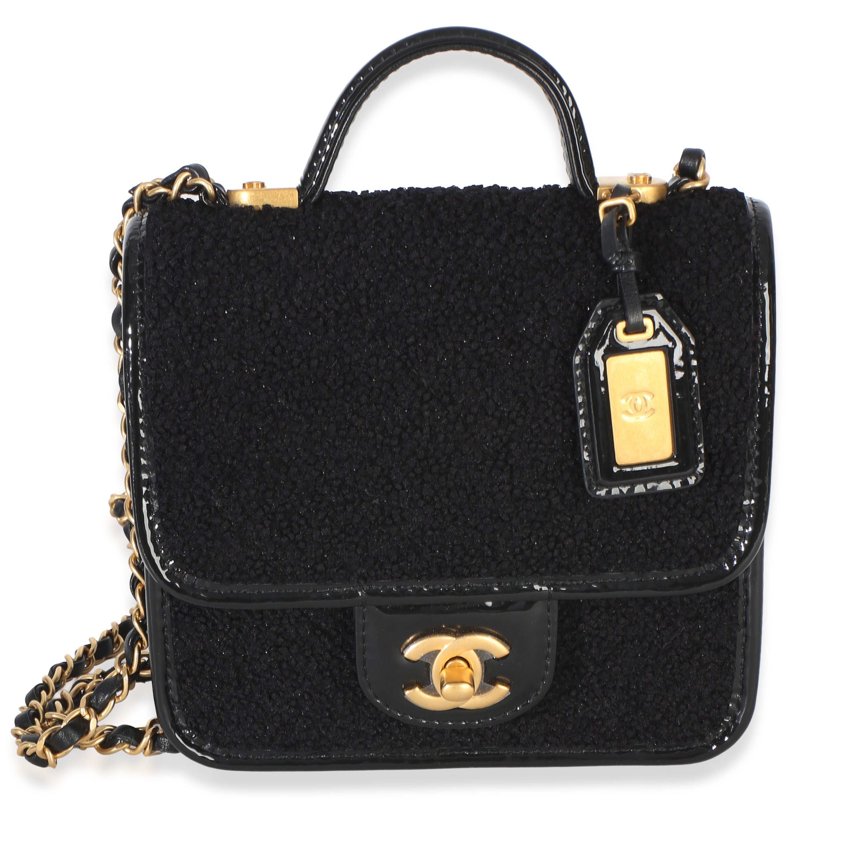 Black Tweed Patent School Memory Mini Top Handle Flap Bag