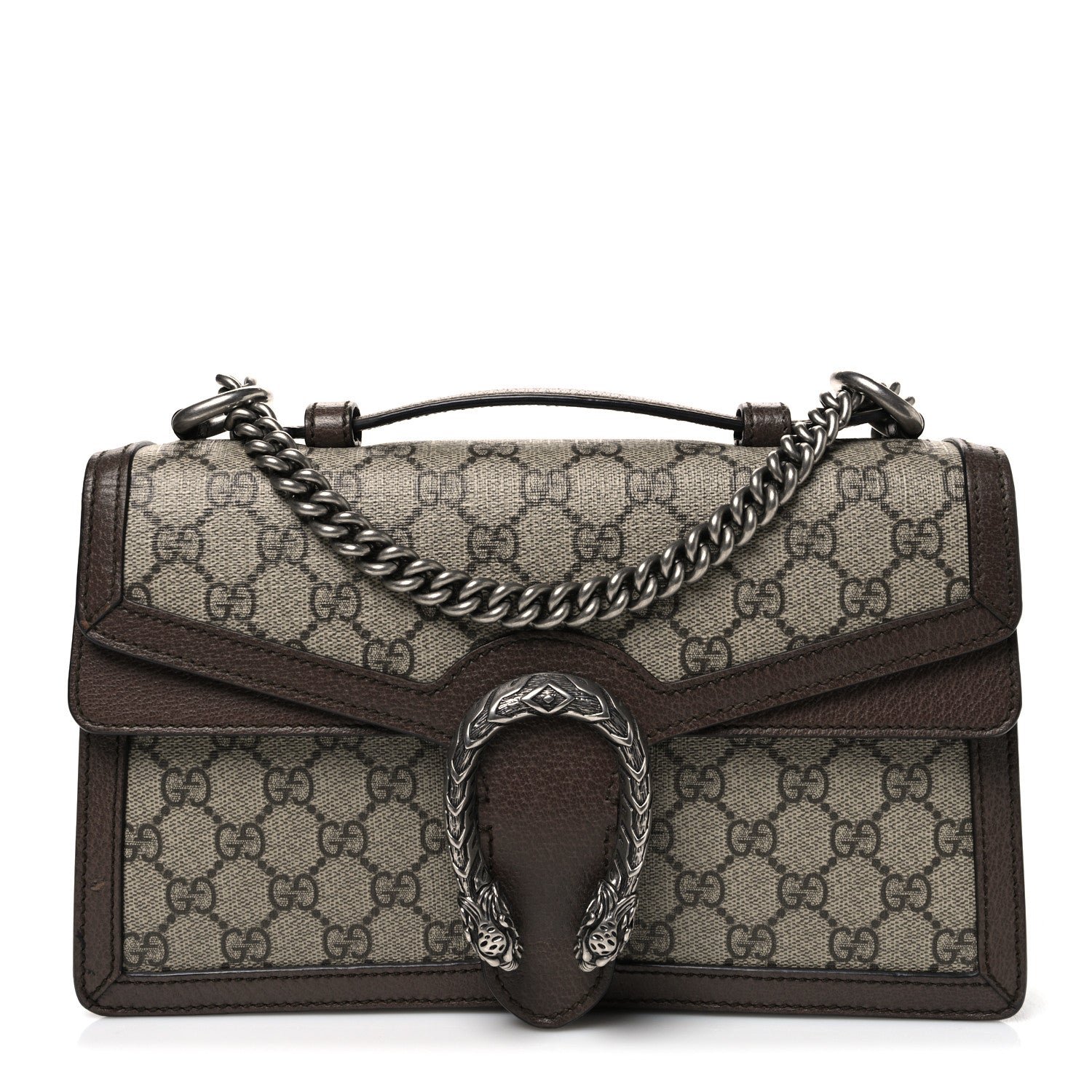 Gucci GG Supreme Monogram Textured Dollar Calfskin Top Handle Dionysus Shoulder Bag Beige Ebony New Acero