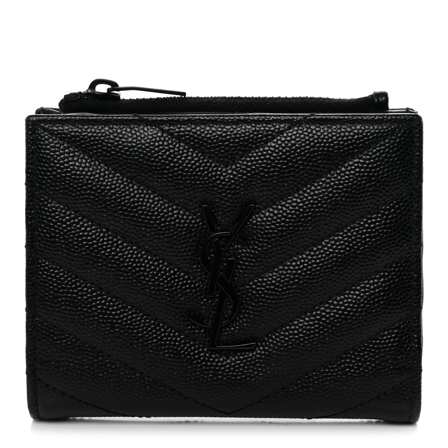 Saint Laurent Saint Laurent Grain De Poudre Matelasse Chevron Monogram Zipped Two-Part Wallet Black