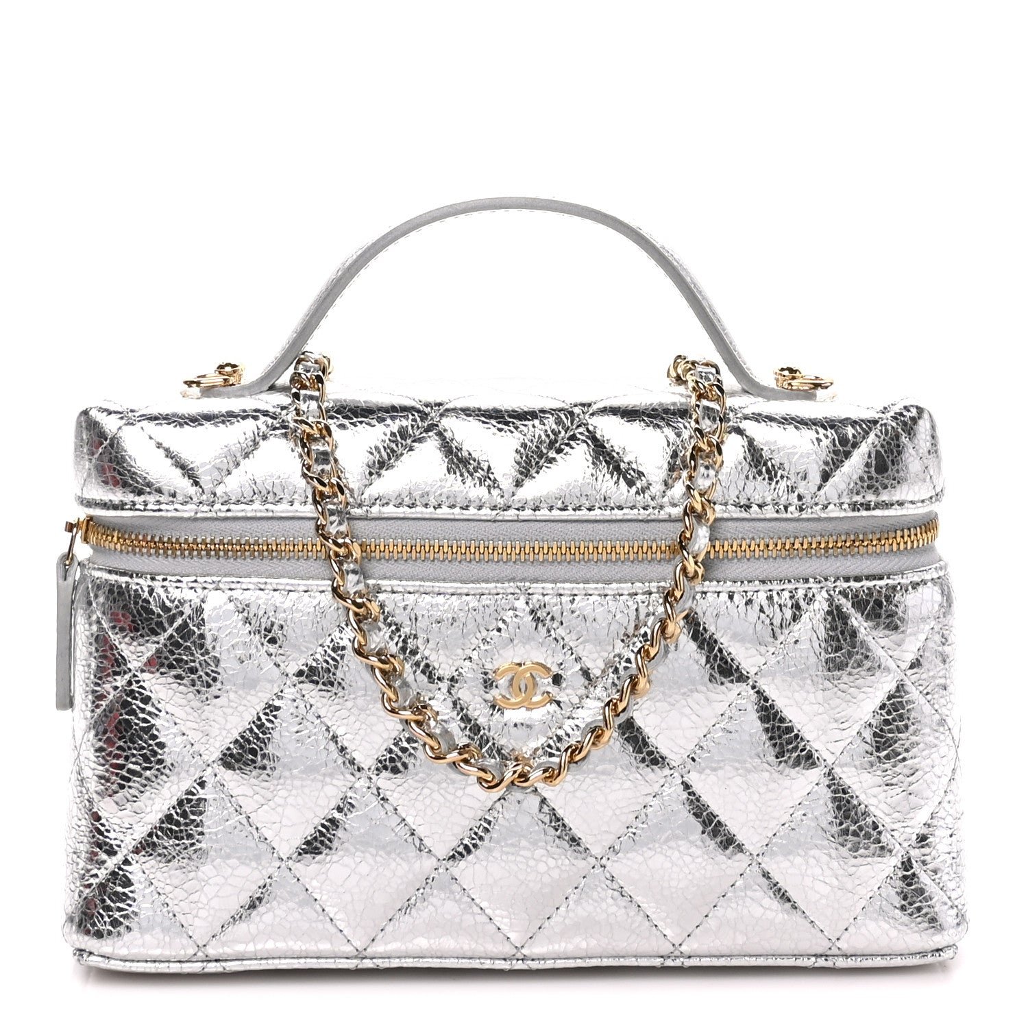 Chanel Metallic Calfskin Quilted Top Handle Slim Vanity With Chain Silver