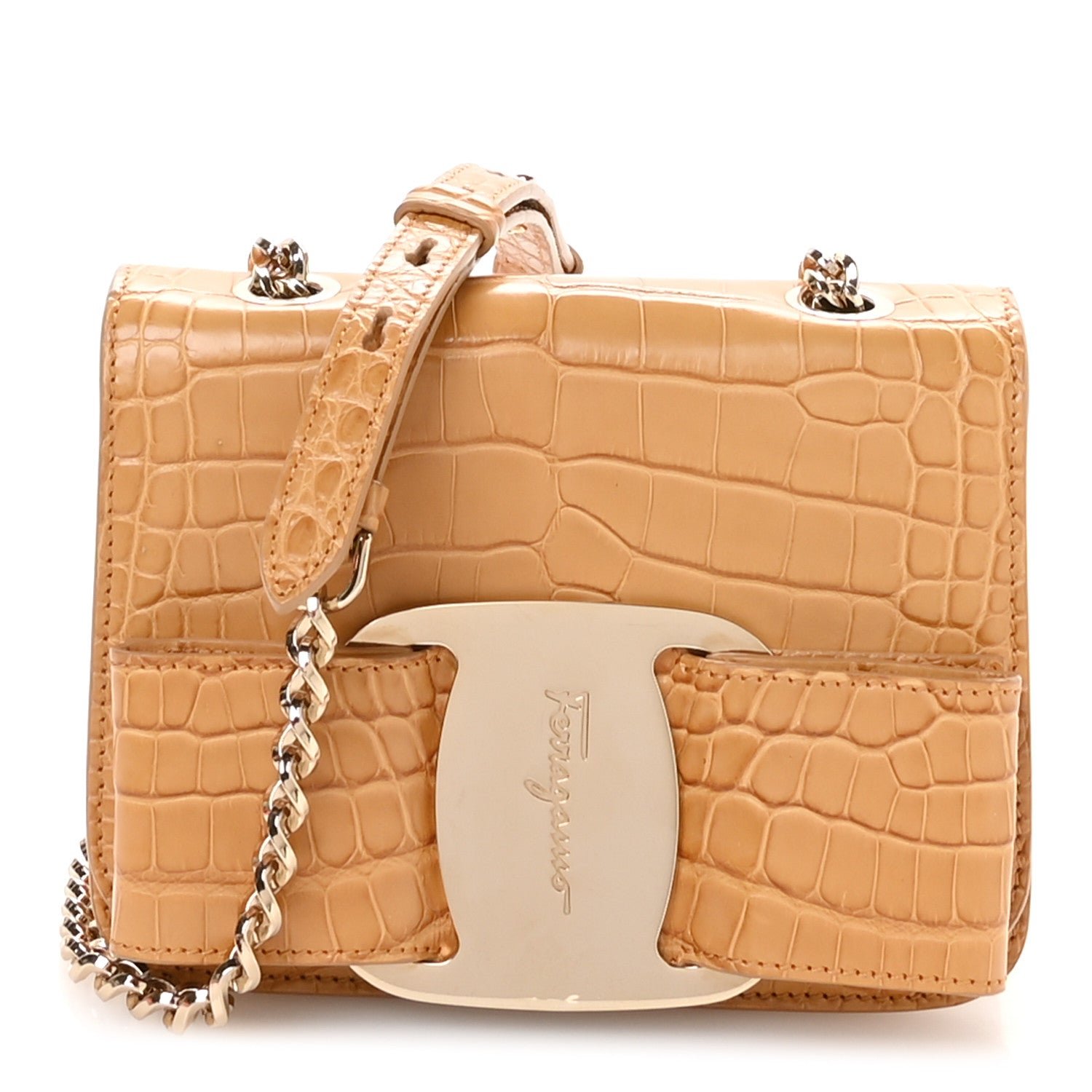 Salvatore Ferragamo Crocodile Mini Vara Bow Crossbody Bag Beige