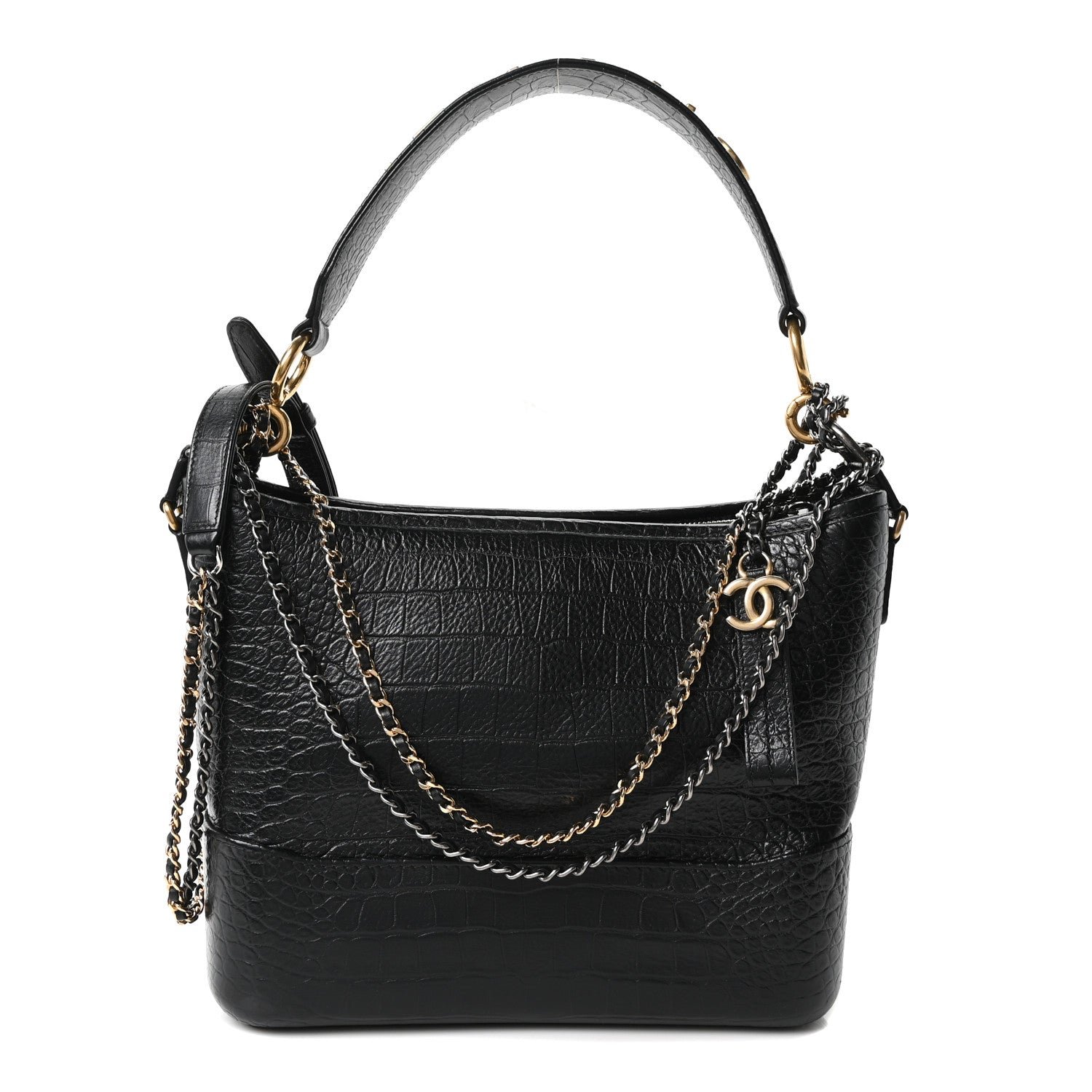 Chanel Crocodile Embossed Calfskin Medium Gabrielle Cocodile Hobo Black