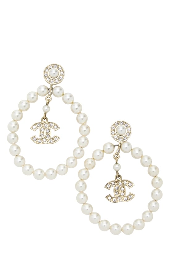 Gold Crystal 'CC' Faux Pearl Circle Earrings