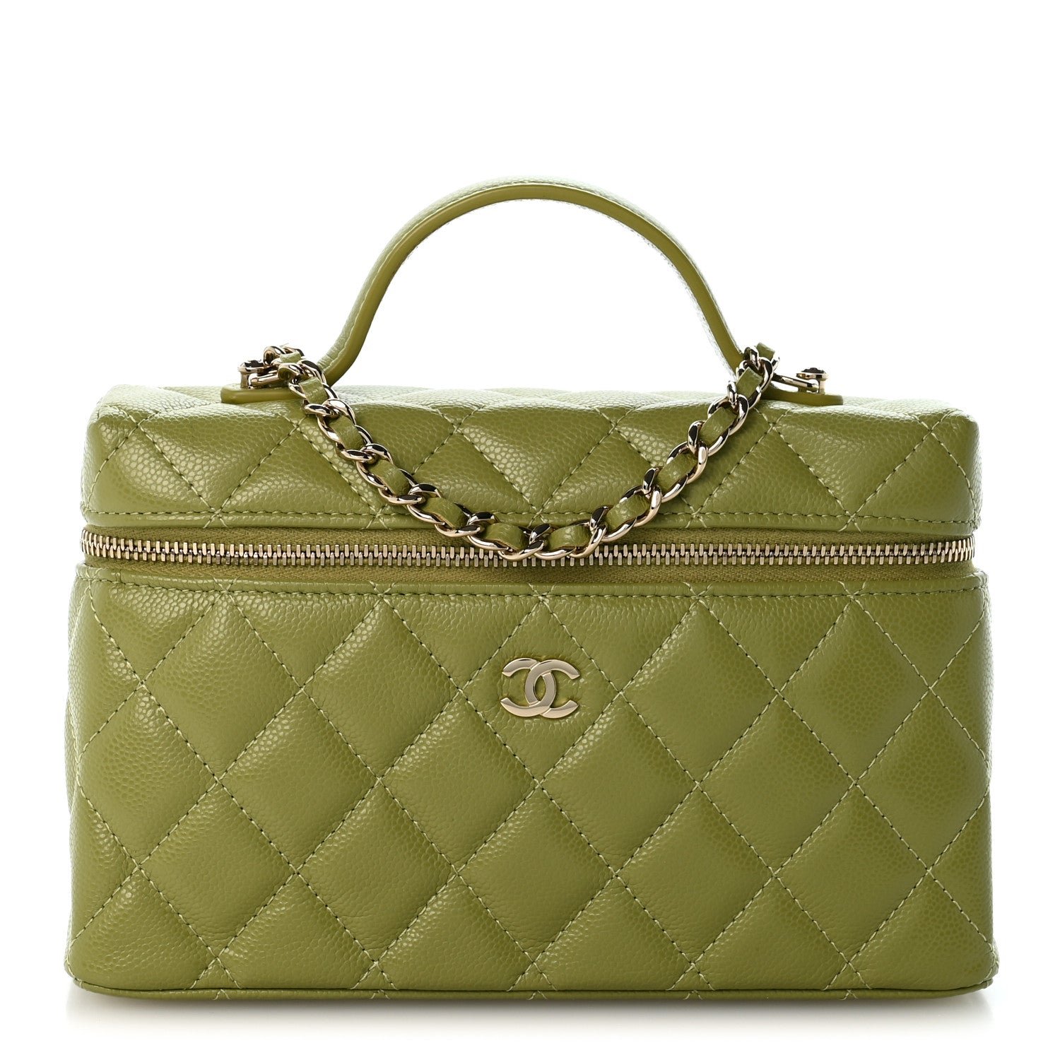 Chanel Caviar Quilted Top Handle Slim Vanity With Chain Khaki