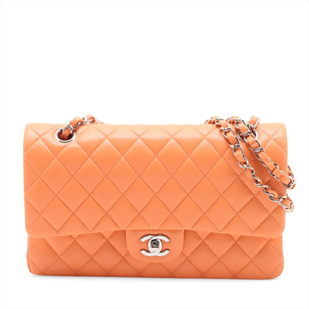 Chanel Matelasse 25 Lambskin Double Flap Double Chain Bag Orange Silver Metal Fi