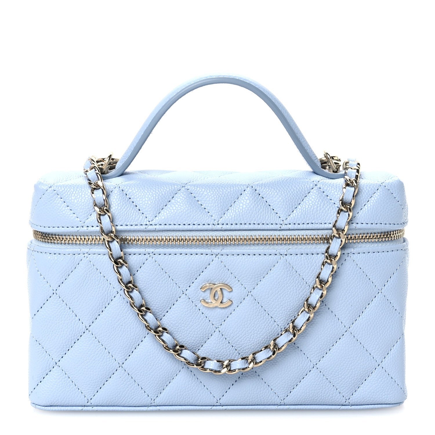 Chanel Caviar Quilted Top Handle Slim Vanity With Chain Light Blue