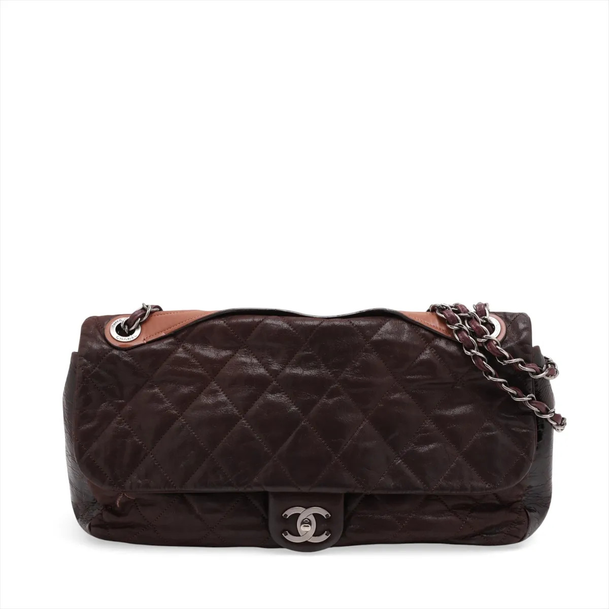 Chanel In The Mix Coating leather Single Flap Double Chain Bag Brown Gunmetal Fi