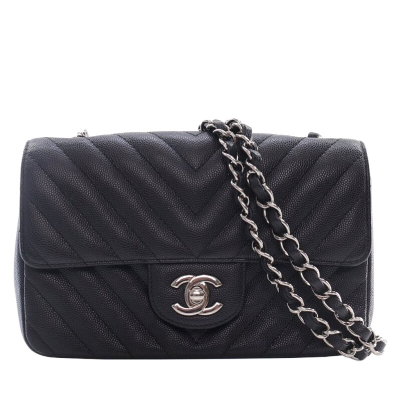 Chanel Black Quilted Caviar Chevron Mini Rectangular Classic Flap Bag Silver Hardware, 2018