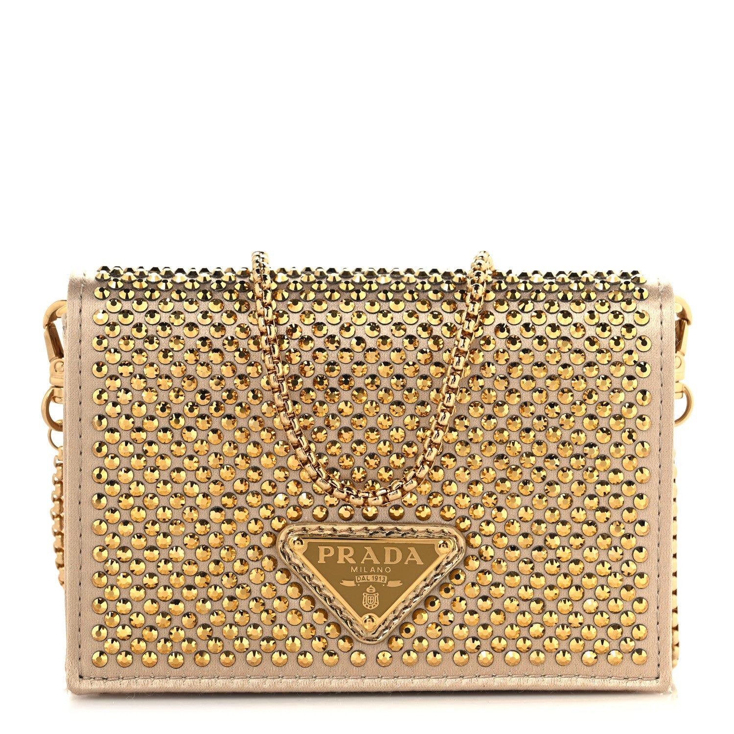 Prada Satin Crystal Metal Triangle Logo Card Holder With Strap Platino