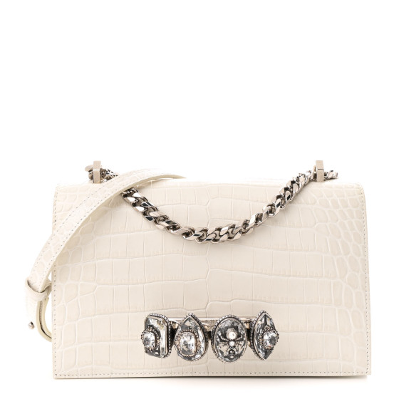 Alexander McQueen Shiny Calfskin Crocodile Embossed Knuckle Jeweled Crossbody White