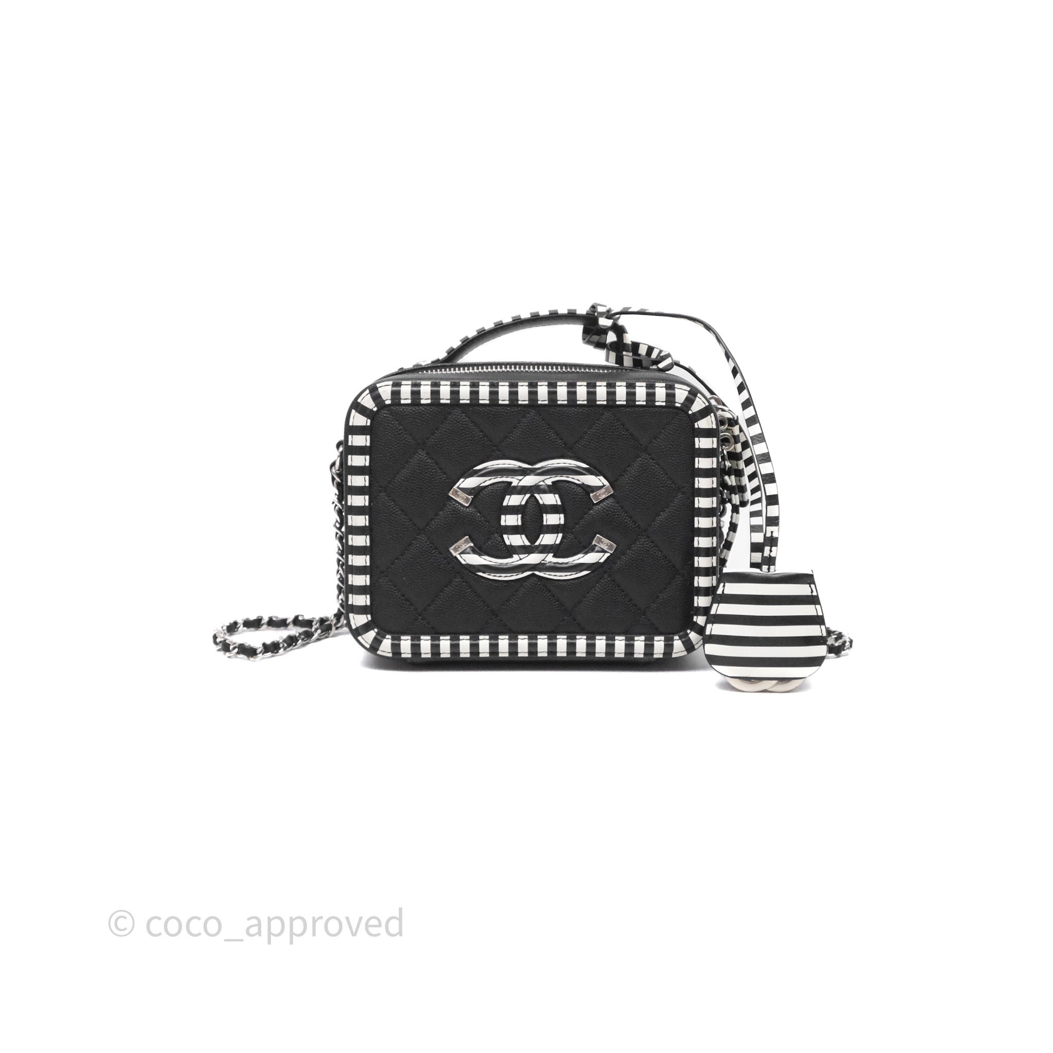 Chanel Quilted Small CC Filigree Vanity Case Black/ White Stripe Caviar Silver Hardware