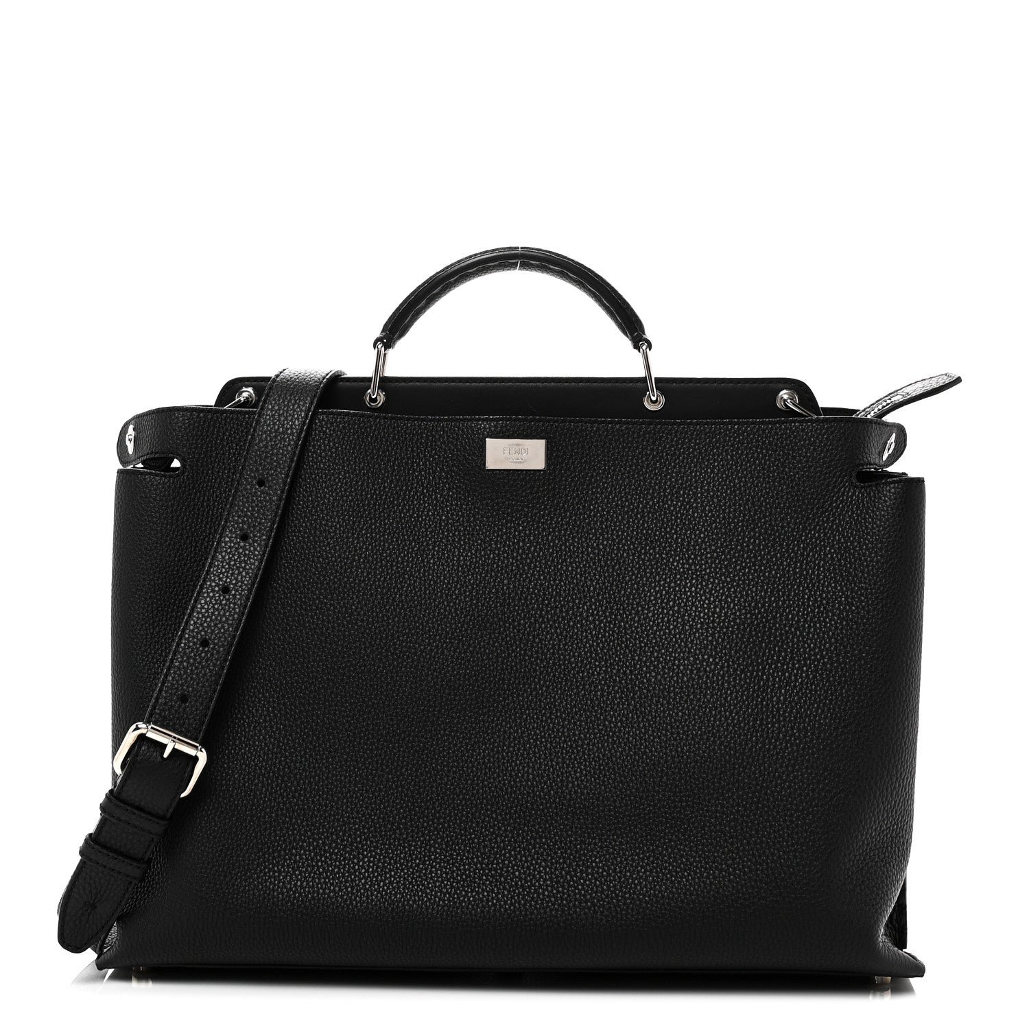 Fendi Cuoio Romano Selleria Vitello Grace Glazed Fabric FF 1974 Large Peekaboo Iconic Essential Satchel Black