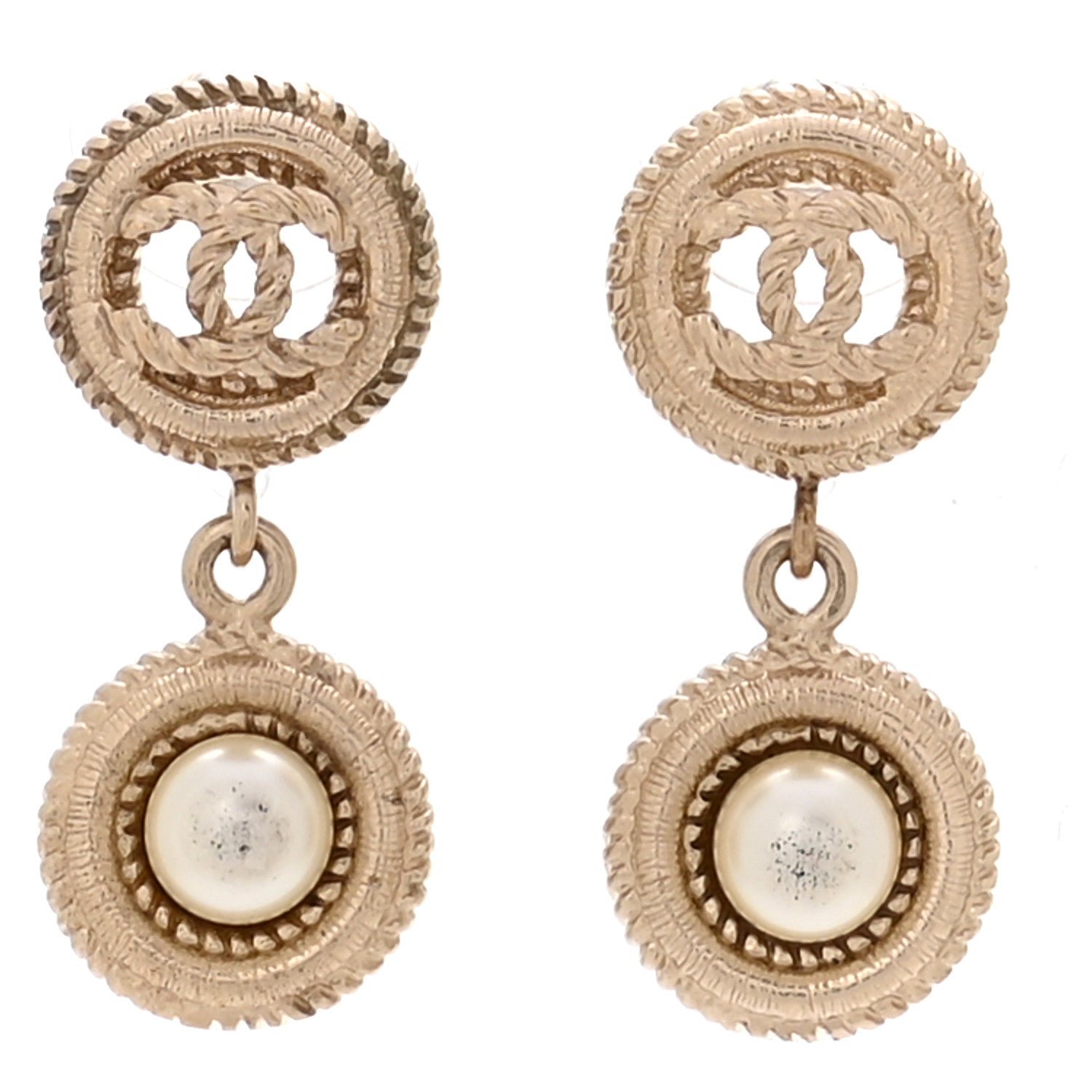 Chanel Pearl CC Dangle Earrings Gold