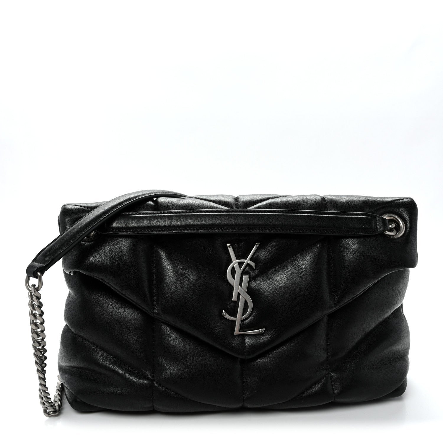 Saint Laurent Lambskin Quilted Small Loulou Puffer Monogram Chain Satchel Black