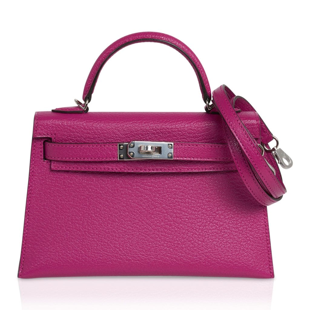 Hermes Hermes Mini Kelly 20 Bag Sellier Rose Pourpre Chevre Leather with Palladium Hardware