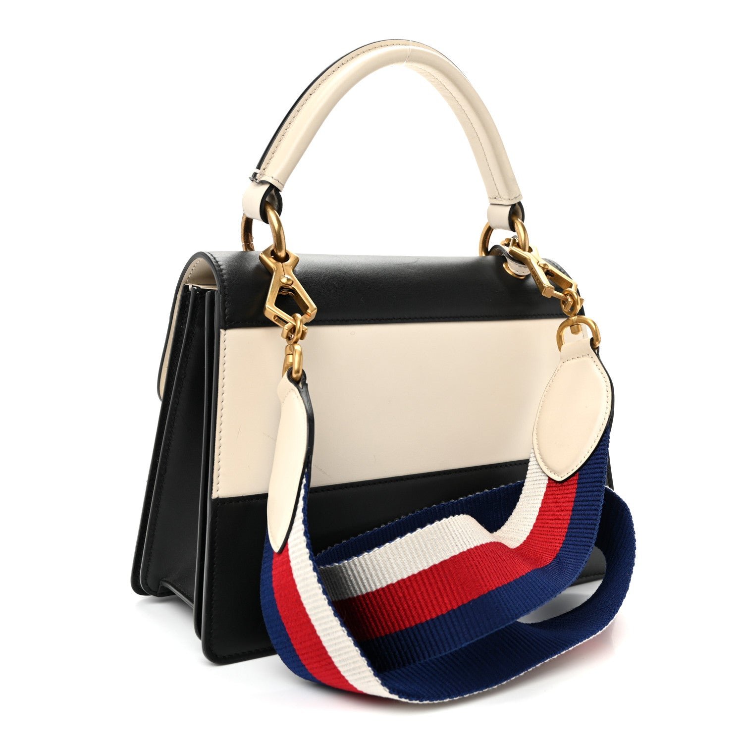 Gucci Calfskin Sylvie Web Small Queen Margaret Top Handle Bag Black White