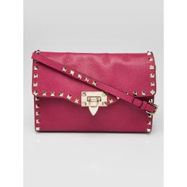 Valentino Dark Pink Pebbled Leather Rockstud Medium Flap Crossbody Bag