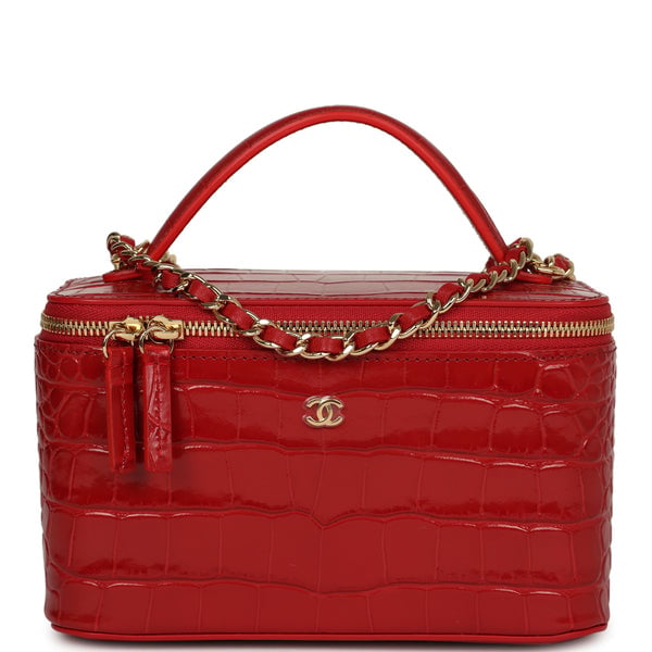 Chanel Small Top Handle Vanity Case Dark Red Croc Embossed Calfskin Gold Hardware