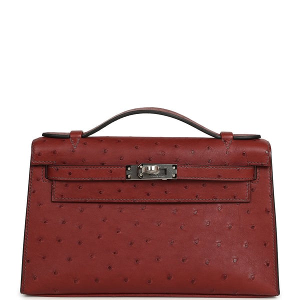 Hermes Kelly Pochette Rouge H Ostrich Palladium Hardware