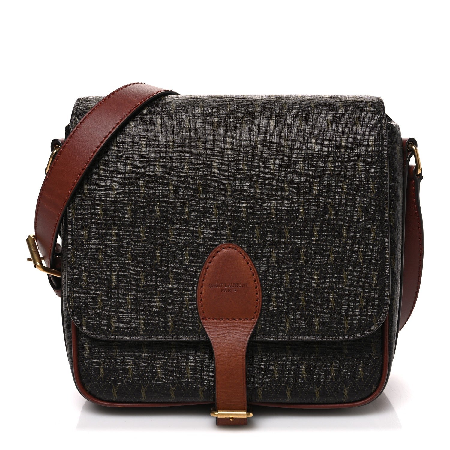 Saint Laurent Canvas Smooth Calfskin Le Monogramme Medium Buckle Satchel Chestnut