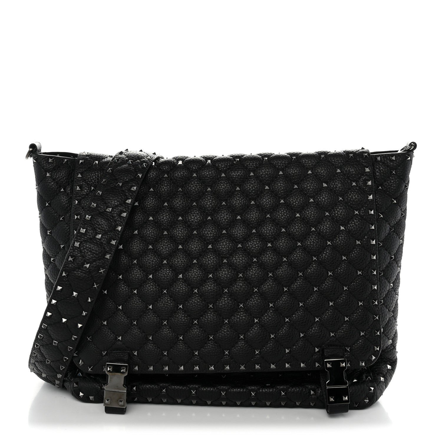 Valentino Garavani Pebbled Calfskin Tonal Rockstud Spike Flap Messenger Bag  Black