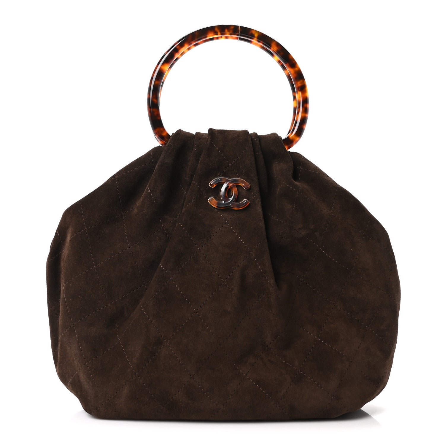 Chanel Suede Calfskin Plexiglass Tortoise Shell Quilted Pouch Dark Brown