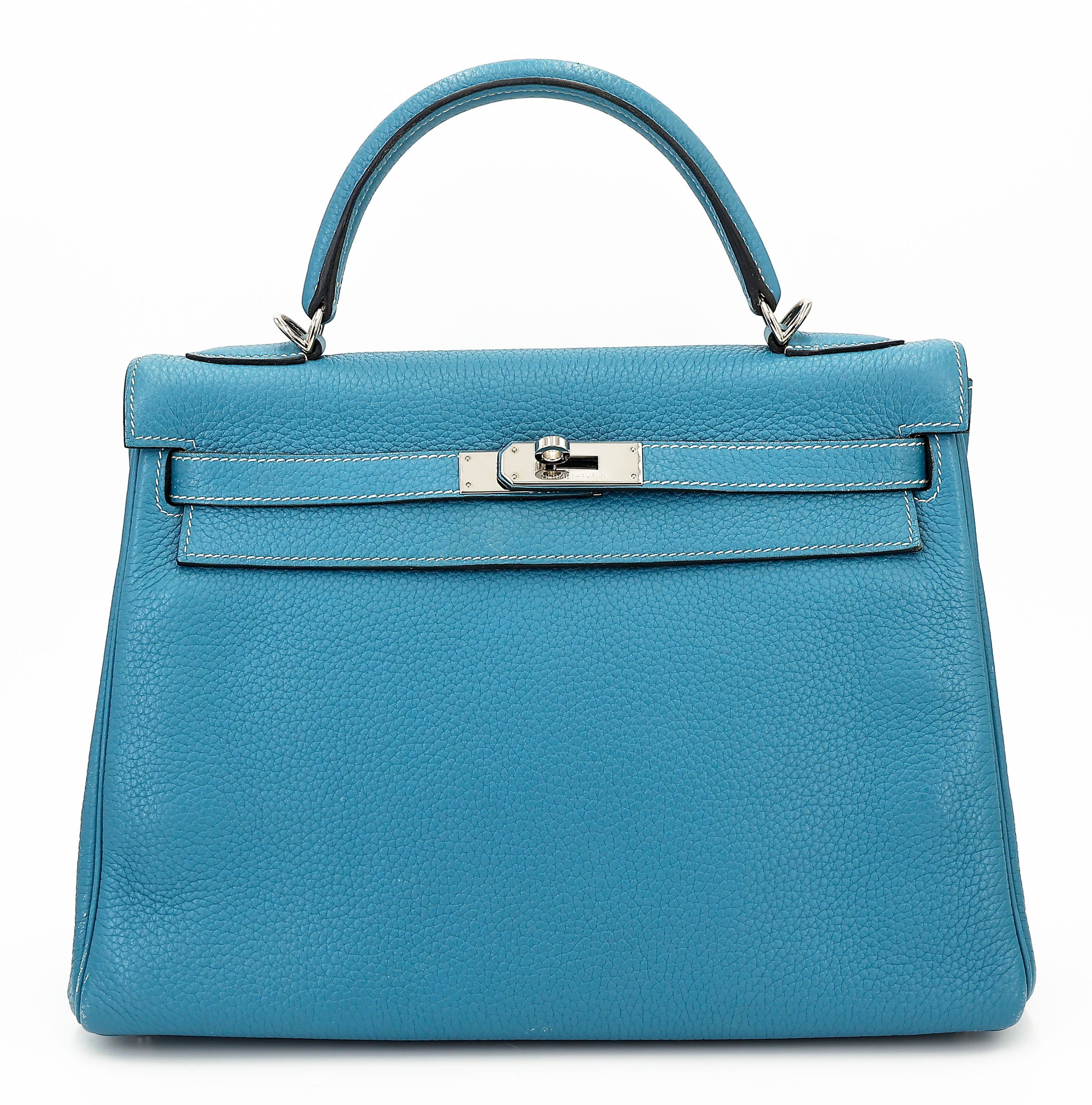 Hermes Good ( Rank AB) HERMÈS Kelly 32 Bleu Jean (75) Clemence Palladium hardware Square P (2012)