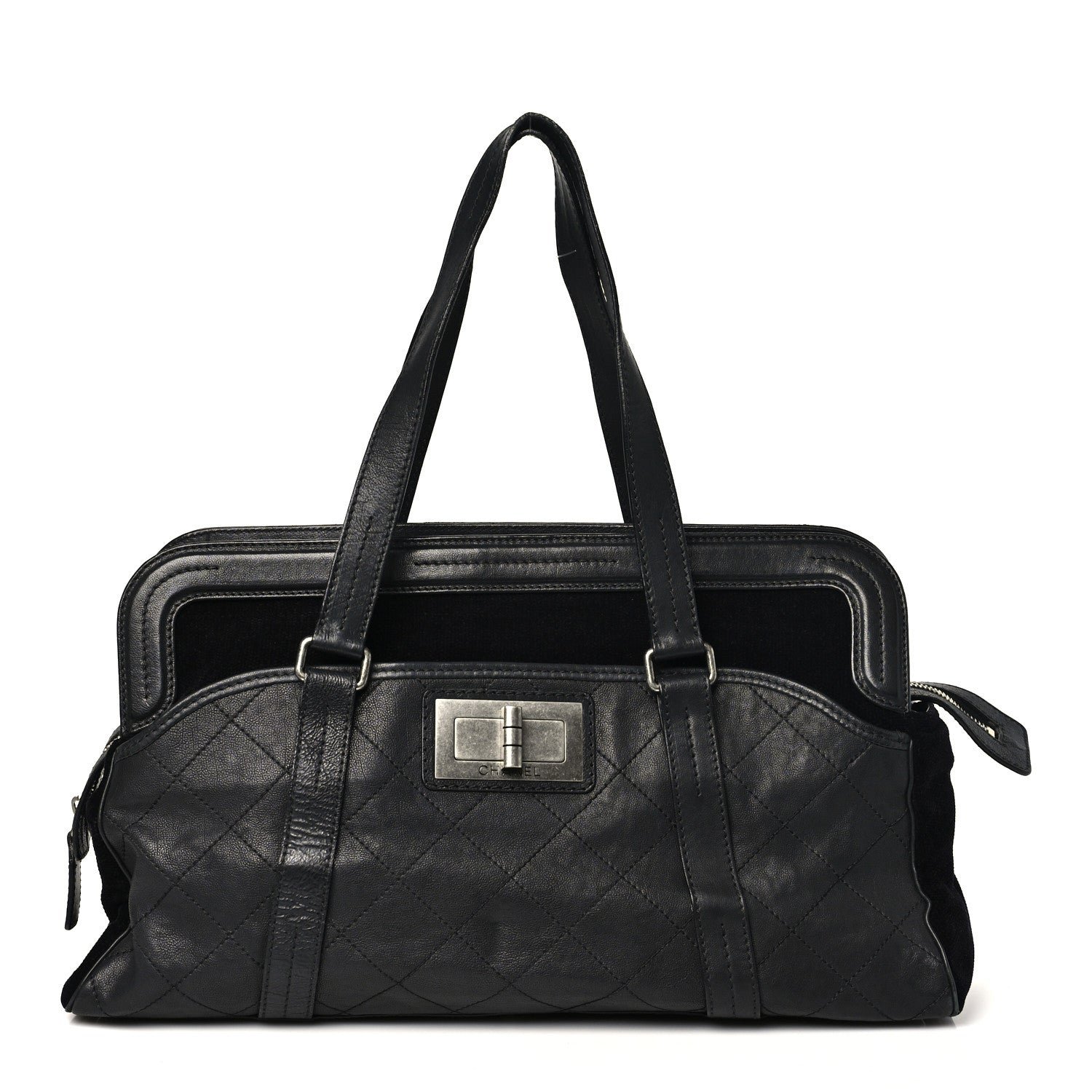 Chanel Calfskin Terrycloth Quilted Large Reissue Bowling Bag Tote Black