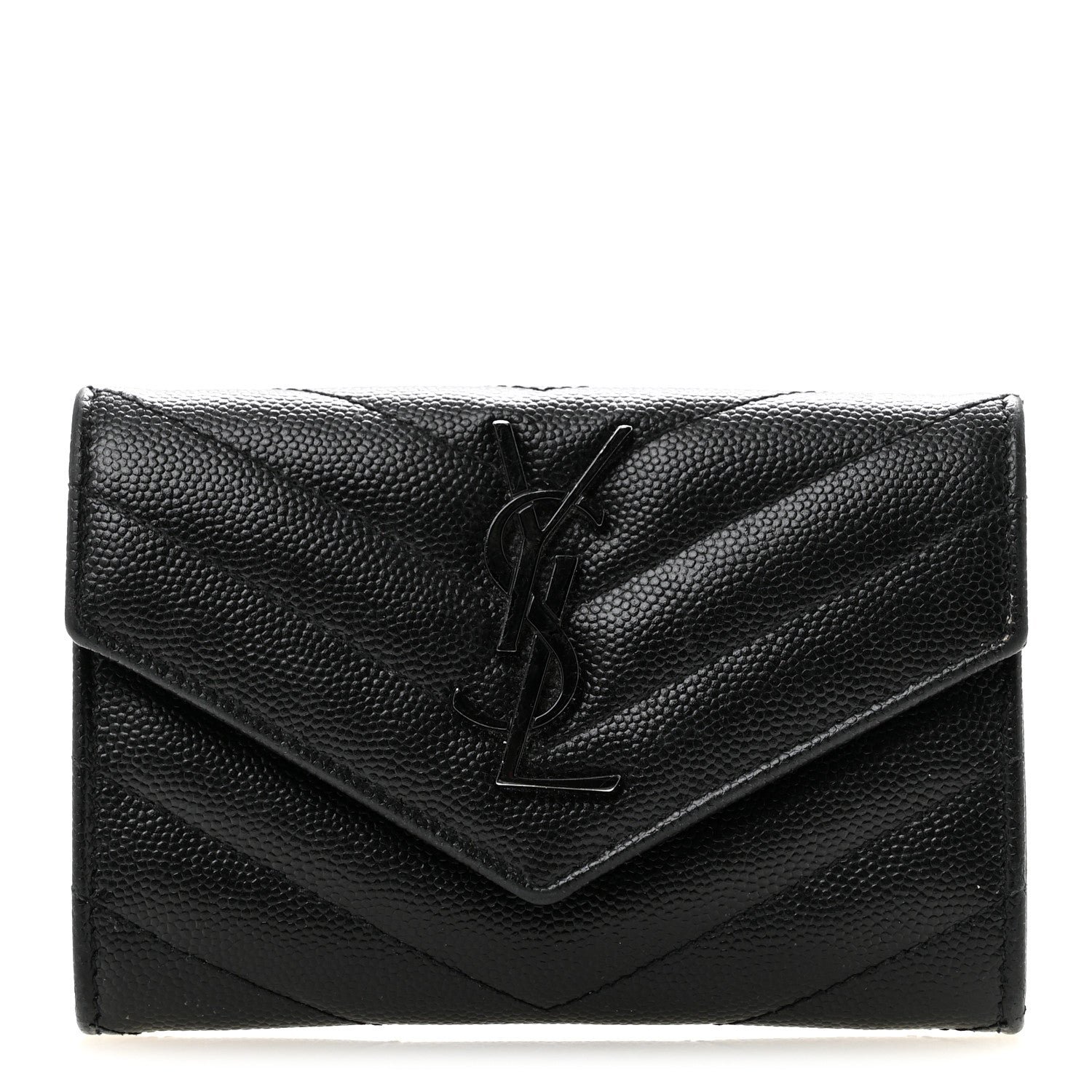 Saint Laurent Grain De Poudre Matelasse Chevron Small Monochrome Monogram Envelope Wallet Black Black