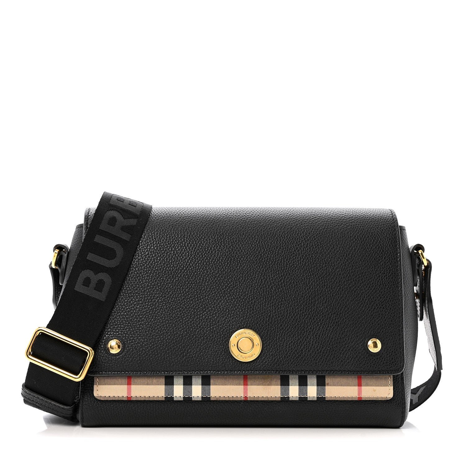 Burberry Coated Canvas Calfskin Vintage Check Medium Note Crossbody Bag Black
