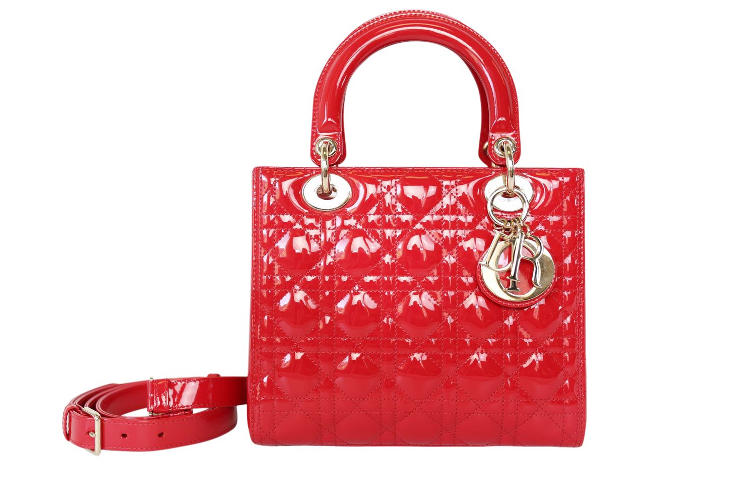 Dior Dior Lady Dior Bag Medium, Red Patent Cannage Calfskin with Gold Hardware, Preowned in Dustbag WA001